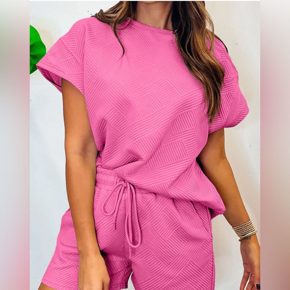 Strawberry Pink 2pcs Solid Textured Drawstring shorts set